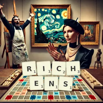 Creative illustration for a Scrabble game with the word RICHENS spelled out in tiles on the board.