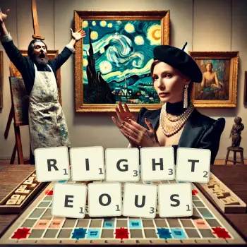 Creative illustration for a Scrabble game with the word RIGHTEOUS spelled out in tiles on the board.