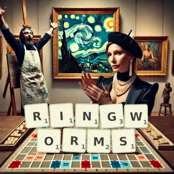 Creative illustration for a Scrabble game with the word RINGWORMS spelled out in tiles on the board.