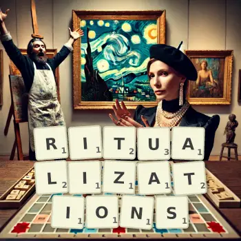 Creative illustration for a Scrabble game with the word RITUALIZATIONS spelled out in tiles on the board.