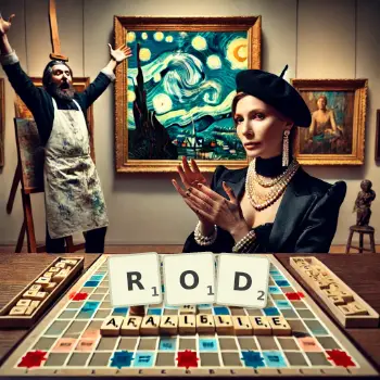 Creative illustration for a Scrabble game with the word ROD spelled out in tiles on the board.