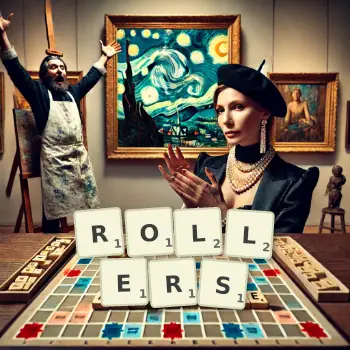 Creative illustration for a Scrabble game with the word ROLLERS spelled out in tiles on the board.