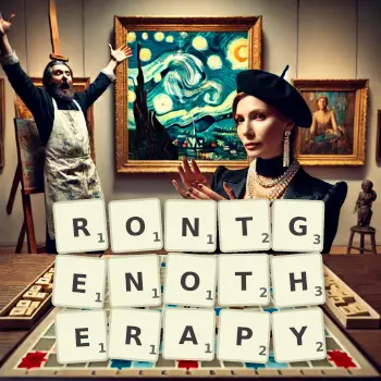 Creative illustration for a Scrabble game with the word RONTGENOTHERAPY spelled out in tiles on the board.