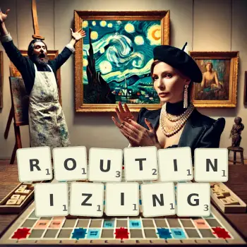 Creative illustration for a Scrabble game with the word ROUTINIZING spelled out in tiles on the board.