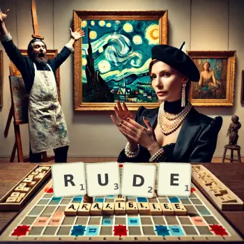 Creative illustration for a Scrabble game with the word RUDE spelled out in tiles on the board.