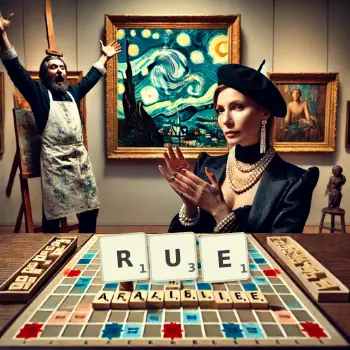 Creative illustration for a Scrabble game with the word RUE spelled out in tiles on the board.