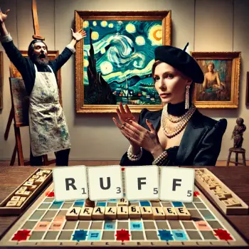 Creative illustration for a Scrabble game with the word RUFF spelled out in tiles on the board.