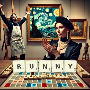 Creative illustration for a Scrabble game with the word RUNNY spelled out in tiles on the board.