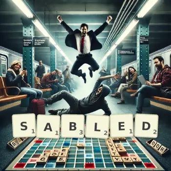 Creative illustration for a Scrabble game with the word SABLED spelled out in tiles on the board.