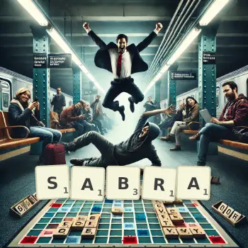 Creative illustration for a Scrabble game with the word SABRA spelled out in tiles on the board.