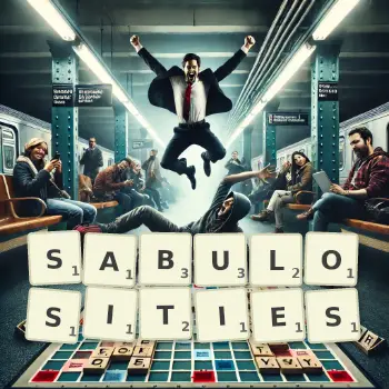 Creative illustration for a Scrabble game with the word SABULOSITIES spelled out in tiles on the board.