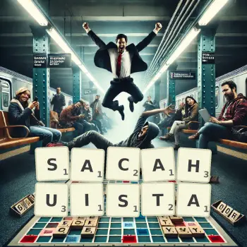 Creative illustration for a Scrabble game with the word SACAHUISTA spelled out in tiles on the board.