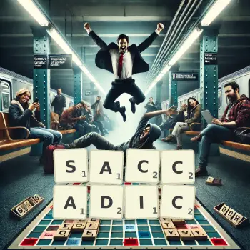 Creative illustration for a Scrabble game with the word SACCADIC spelled out in tiles on the board.