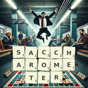 Creative illustration for a Scrabble game with the word SACCHAROMETER spelled out in tiles on the board.
