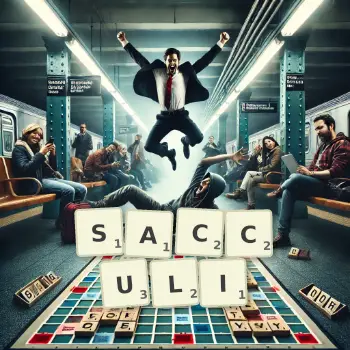 Creative illustration for a Scrabble game with the word SACCULI spelled out in tiles on the board.