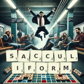 Creative illustration for a Scrabble game with the word SACCULIFORM spelled out in tiles on the board.