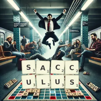 Creative illustration for a Scrabble game with the word SACCULUS spelled out in tiles on the board.