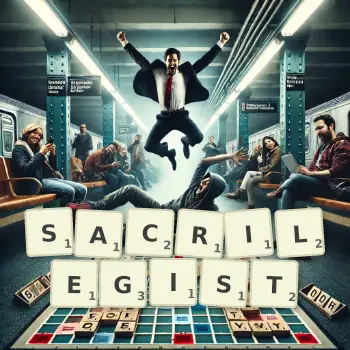 Creative illustration for a Scrabble game with the word SACRILEGIST spelled out in tiles on the board.