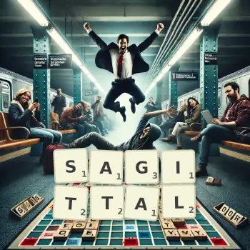 Creative illustration for a Scrabble game with the word SAGITTAL spelled out in tiles on the board.