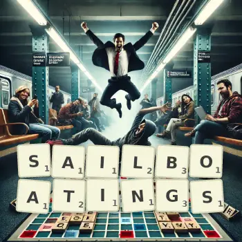 Creative illustration for a Scrabble game with the word SAILBOATINGS spelled out in tiles on the board.