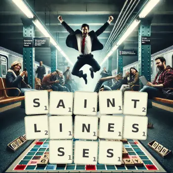 Creative illustration for a Scrabble game with the word SAINTLINESSES spelled out in tiles on the board.