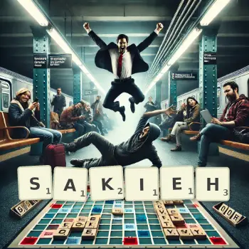 Creative illustration for a Scrabble game with the word SAKIEH spelled out in tiles on the board.
