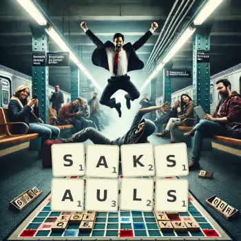 Creative illustration for a Scrabble game with the word SAKSAULS spelled out in tiles on the board.