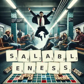 Creative illustration for a Scrabble game with the word SALABLENESS spelled out in tiles on the board.