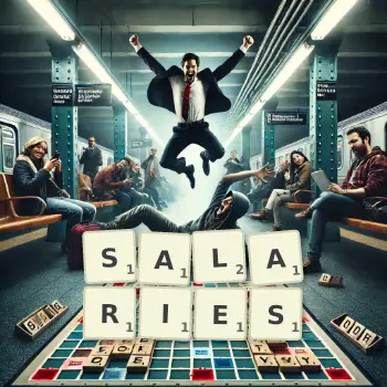 Creative illustration for a Scrabble game with the word SALARIES spelled out in tiles on the board.