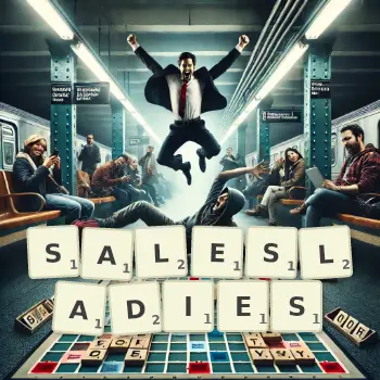 Creative illustration for a Scrabble game with the word SALESLADIES spelled out in tiles on the board.