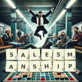 Creative illustration for a Scrabble game with the word SALESMANSHIP spelled out in tiles on the board.