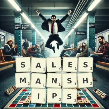 Creative illustration for a Scrabble game with the word SALESMANSHIPS spelled out in tiles on the board.
