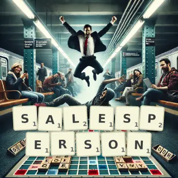 Creative illustration for a Scrabble game with the word SALESPERSON spelled out in tiles on the board.