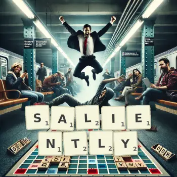 Creative illustration for a Scrabble game with the word SALIENTLY spelled out in tiles on the board.