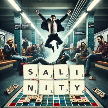 Creative illustration for a Scrabble game with the word SALINITY spelled out in tiles on the board.