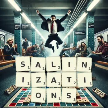 Creative illustration for a Scrabble game with the word SALINIZATIONS spelled out in tiles on the board.