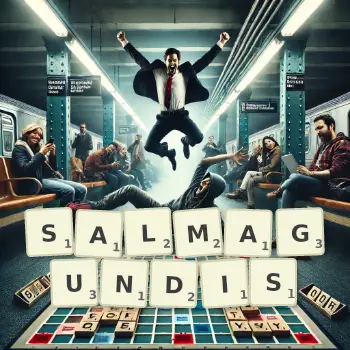 Creative illustration for a Scrabble game with the word SALMAGUNDIS spelled out in tiles on the board.