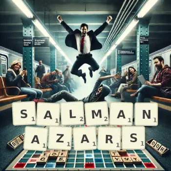Creative illustration for a Scrabble game with the word SALMANAZARS spelled out in tiles on the board.