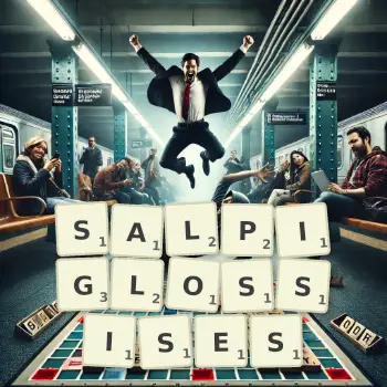 Creative illustration for a Scrabble game with the word SALPIGLOSSISES spelled out in tiles on the board.
