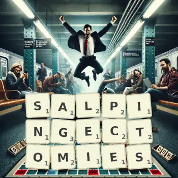 Creative illustration for a Scrabble game with the word SALPINGECTOMIES spelled out in tiles on the board.