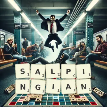 Creative illustration for a Scrabble game with the word SALPINGIAN spelled out in tiles on the board.