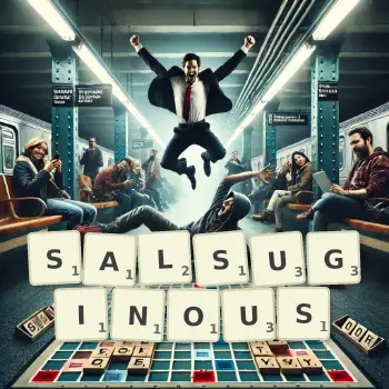 Creative illustration for a Scrabble game with the word SALSUGINOUS spelled out in tiles on the board.