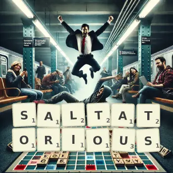 Creative illustration for a Scrabble game with the word SALTATORIOUS spelled out in tiles on the board.