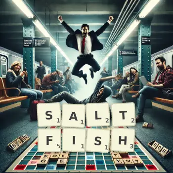 Creative illustration for a Scrabble game with the word SALTFISH spelled out in tiles on the board.