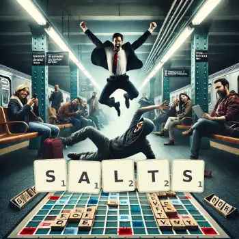 Creative illustration for a Scrabble game with the word SALTS spelled out in tiles on the board.