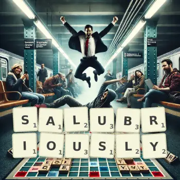 Creative illustration for a Scrabble game with the word SALUBRIOUSLY spelled out in tiles on the board.