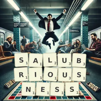 Creative illustration for a Scrabble game with the word SALUBRIOUSNESS spelled out in tiles on the board.
