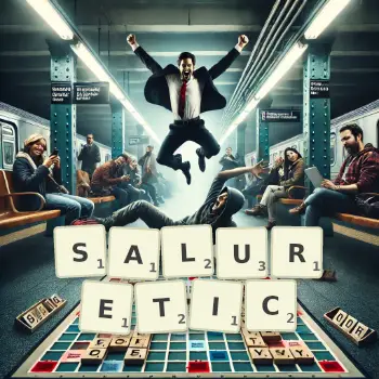 Creative illustration for a Scrabble game with the word SALURETIC spelled out in tiles on the board.