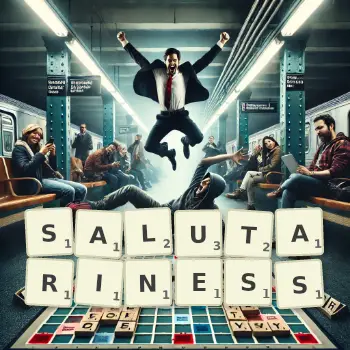 Creative illustration for a Scrabble game with the word SALUTARINESS spelled out in tiles on the board.