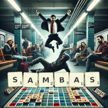 Creative illustration for a Scrabble game with the word SAMBAS spelled out in tiles on the board.